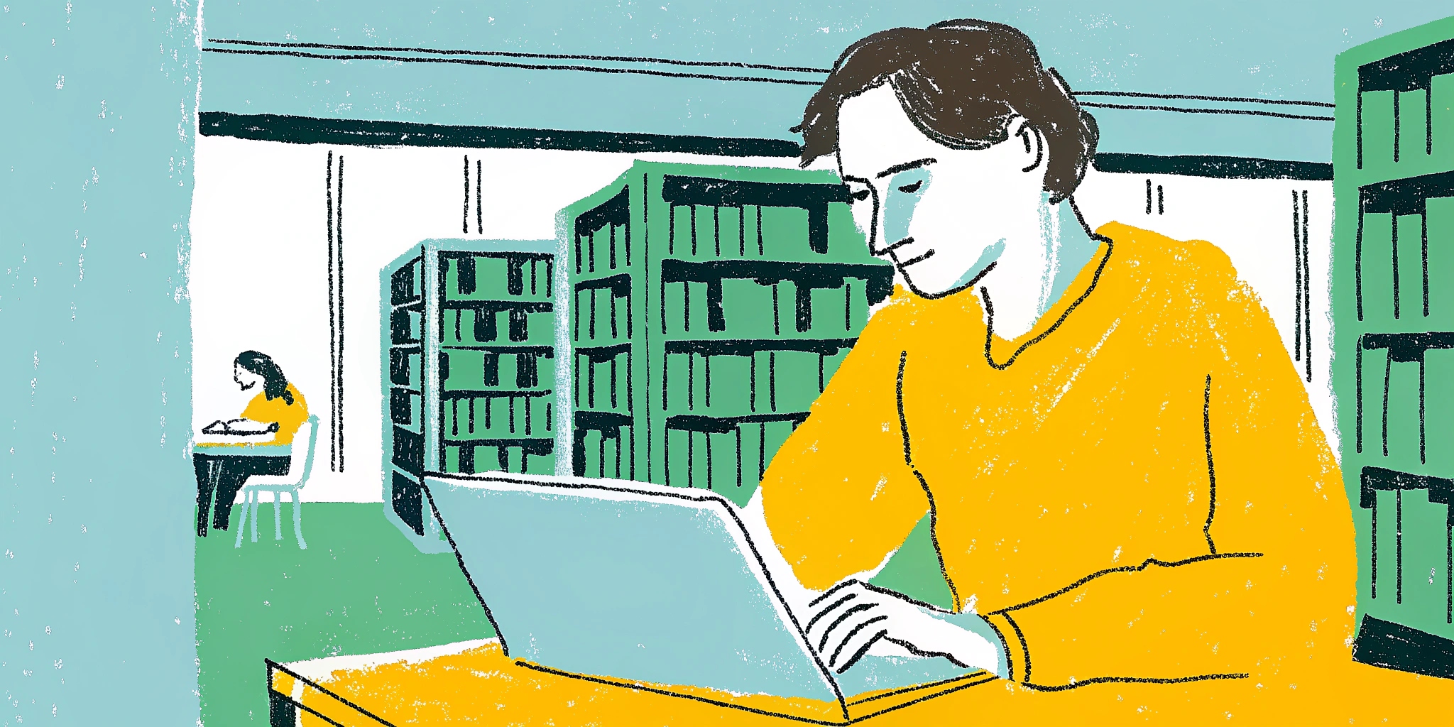 Ilustração de homem branco programando usando notebook em uma biblioteca