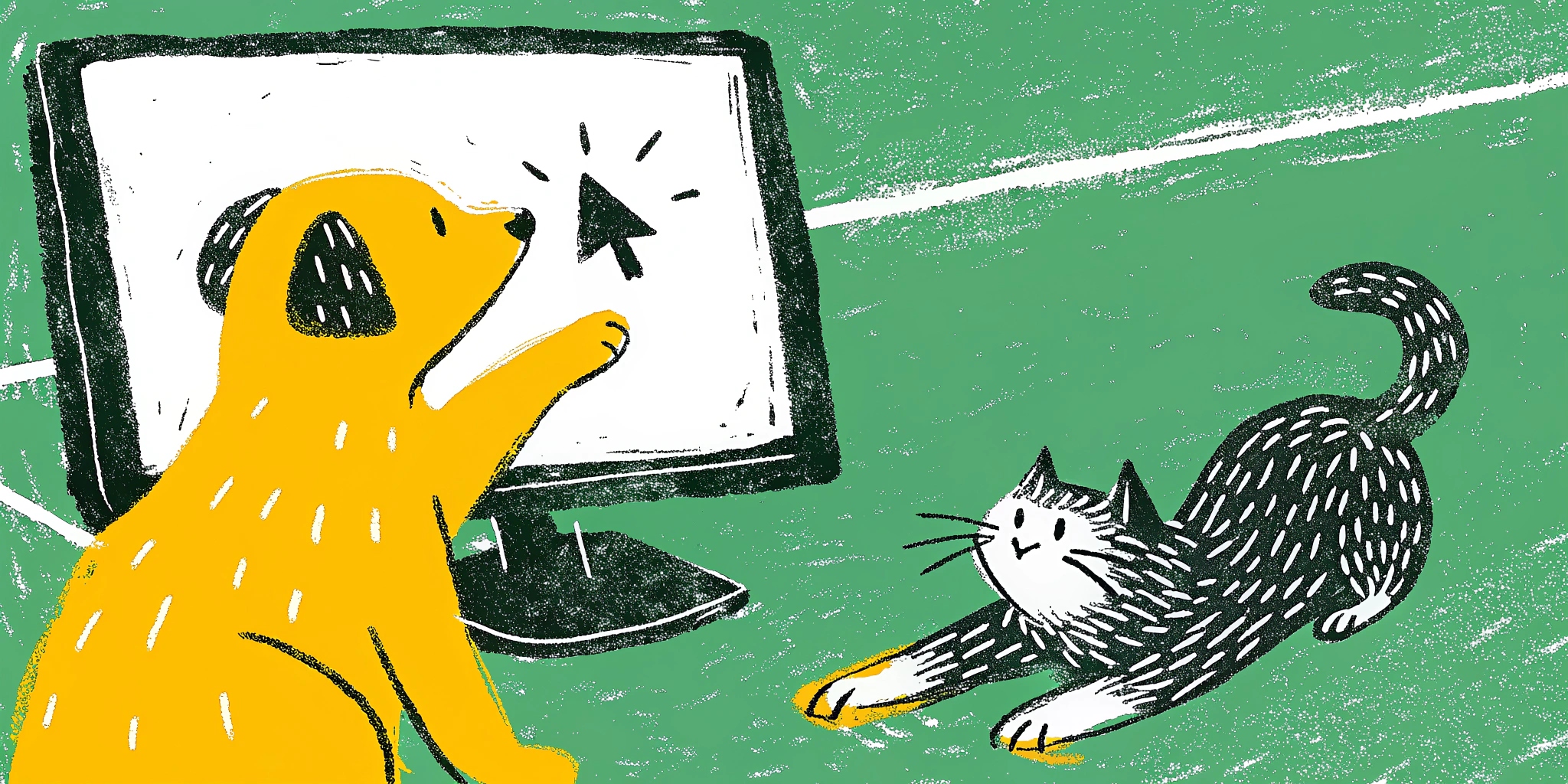 Ilustração de cão e gato brincando com um cursor