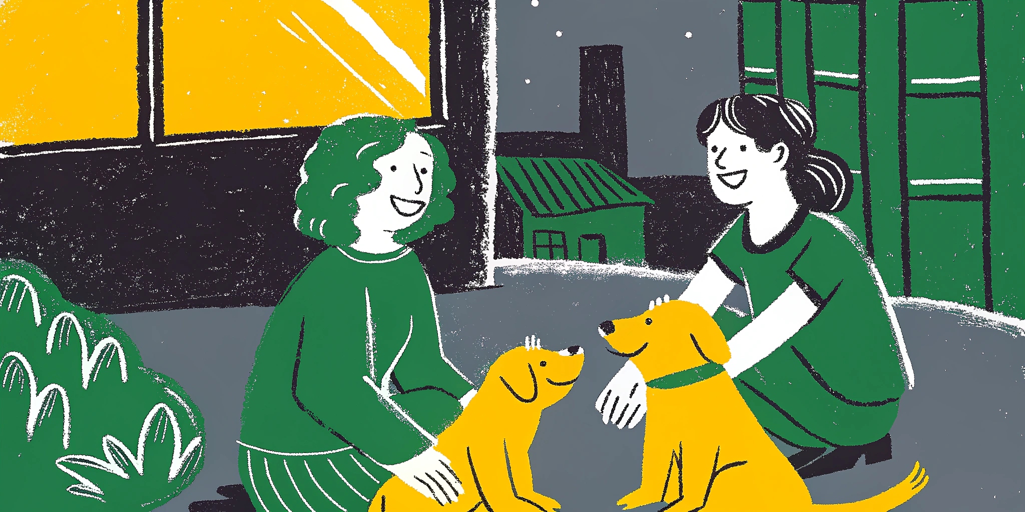 Ilustração de voluntários entregando um pet a uma nova família