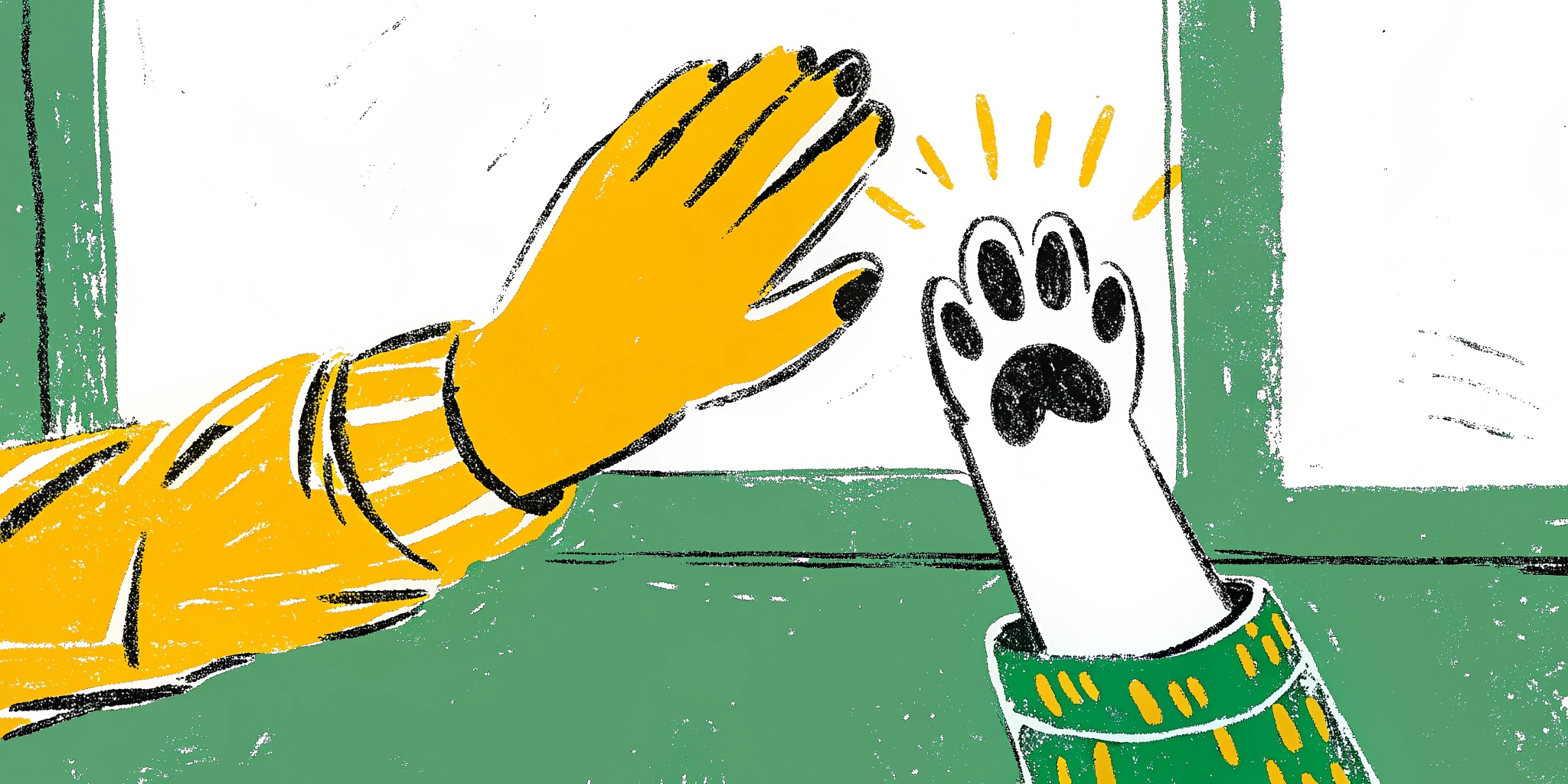 Ilustração de mão humana tocando a mão de animal