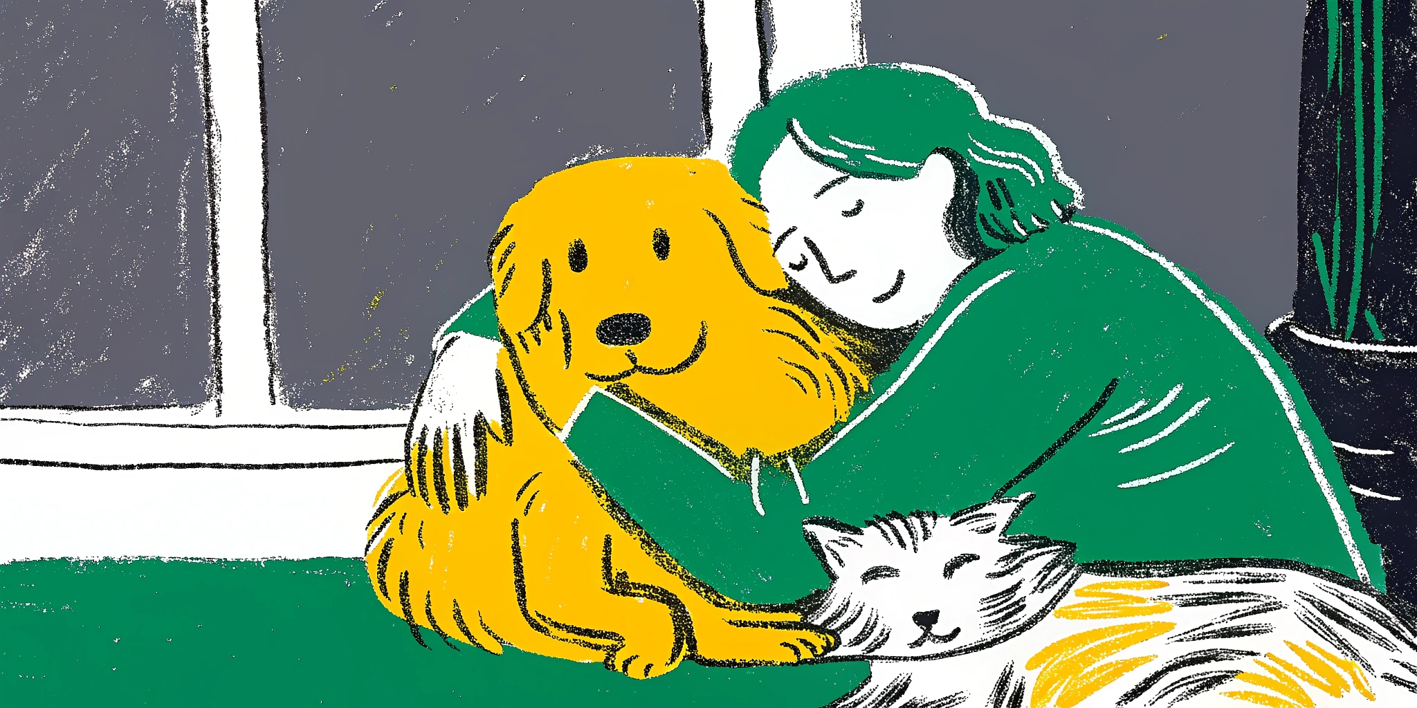 Ilustração de mão humana tocando a mão de animal