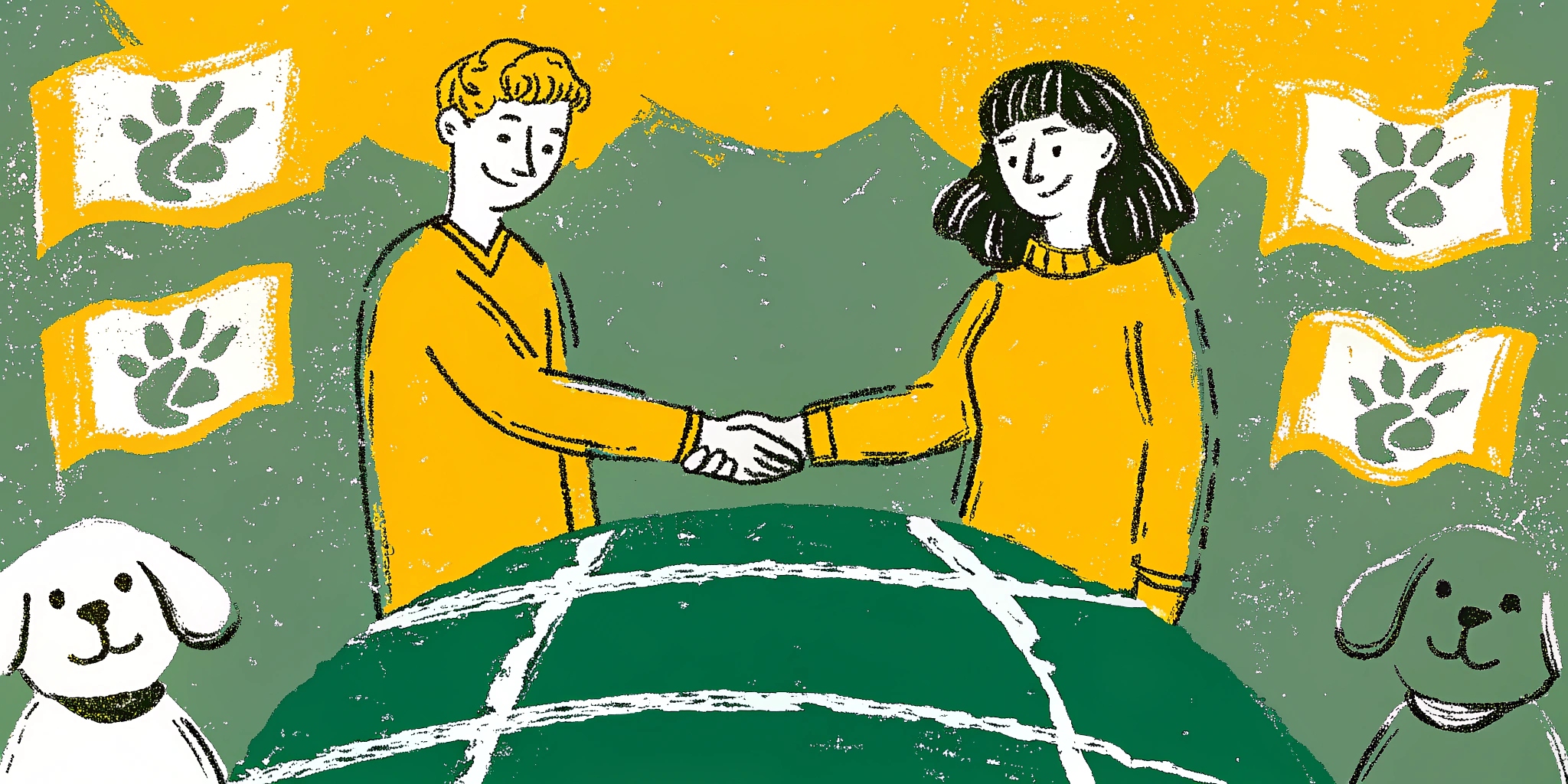 Ilustração de pessoas ao redor de um globo segurando as mãos junto a animais