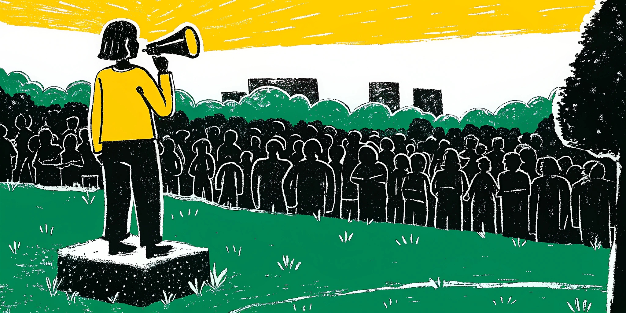 Ilustração de voluntário falando em um megafone para uma multidão