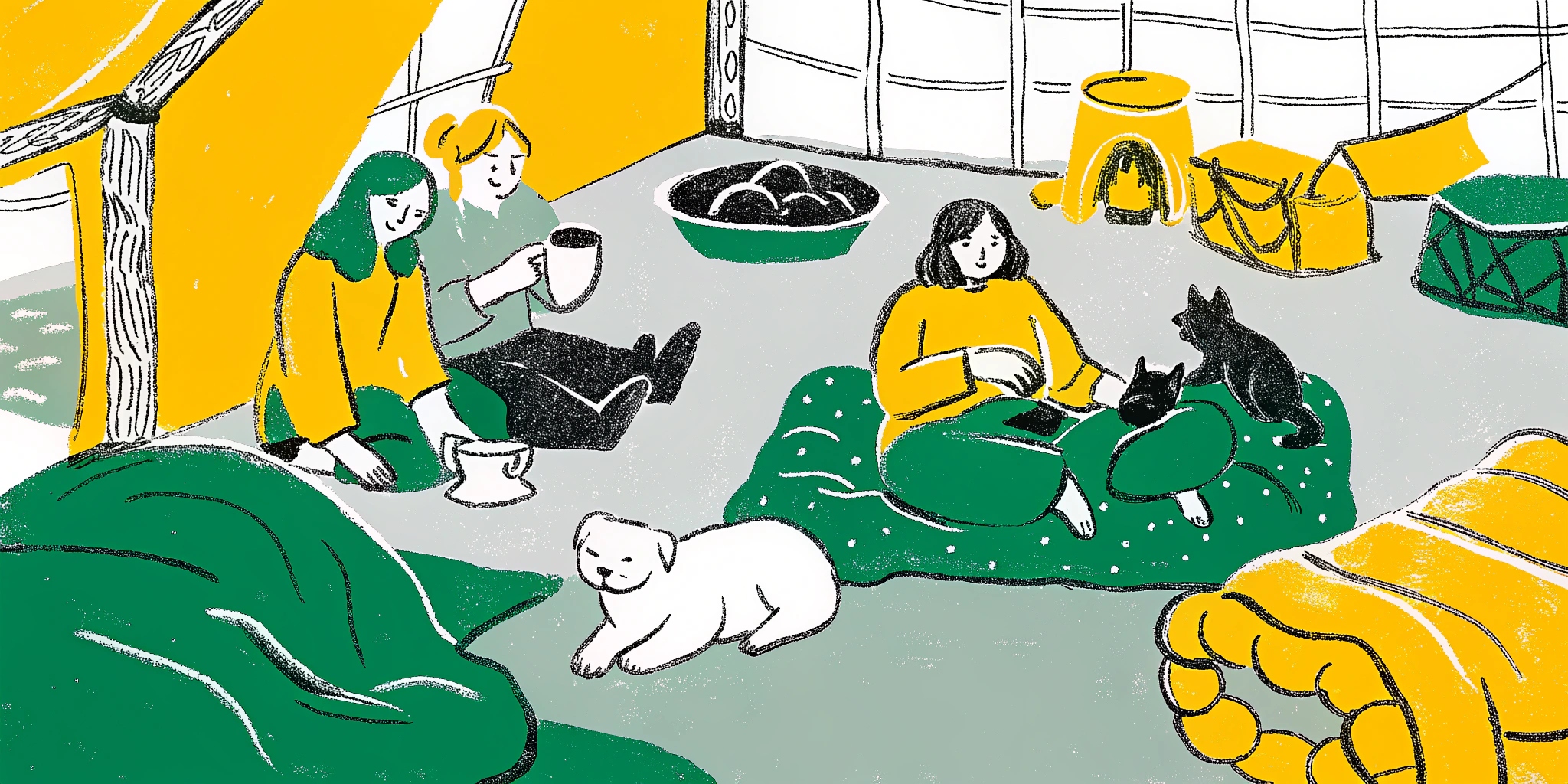 Ilustração de voluntários cuidando de animais em um abrigo