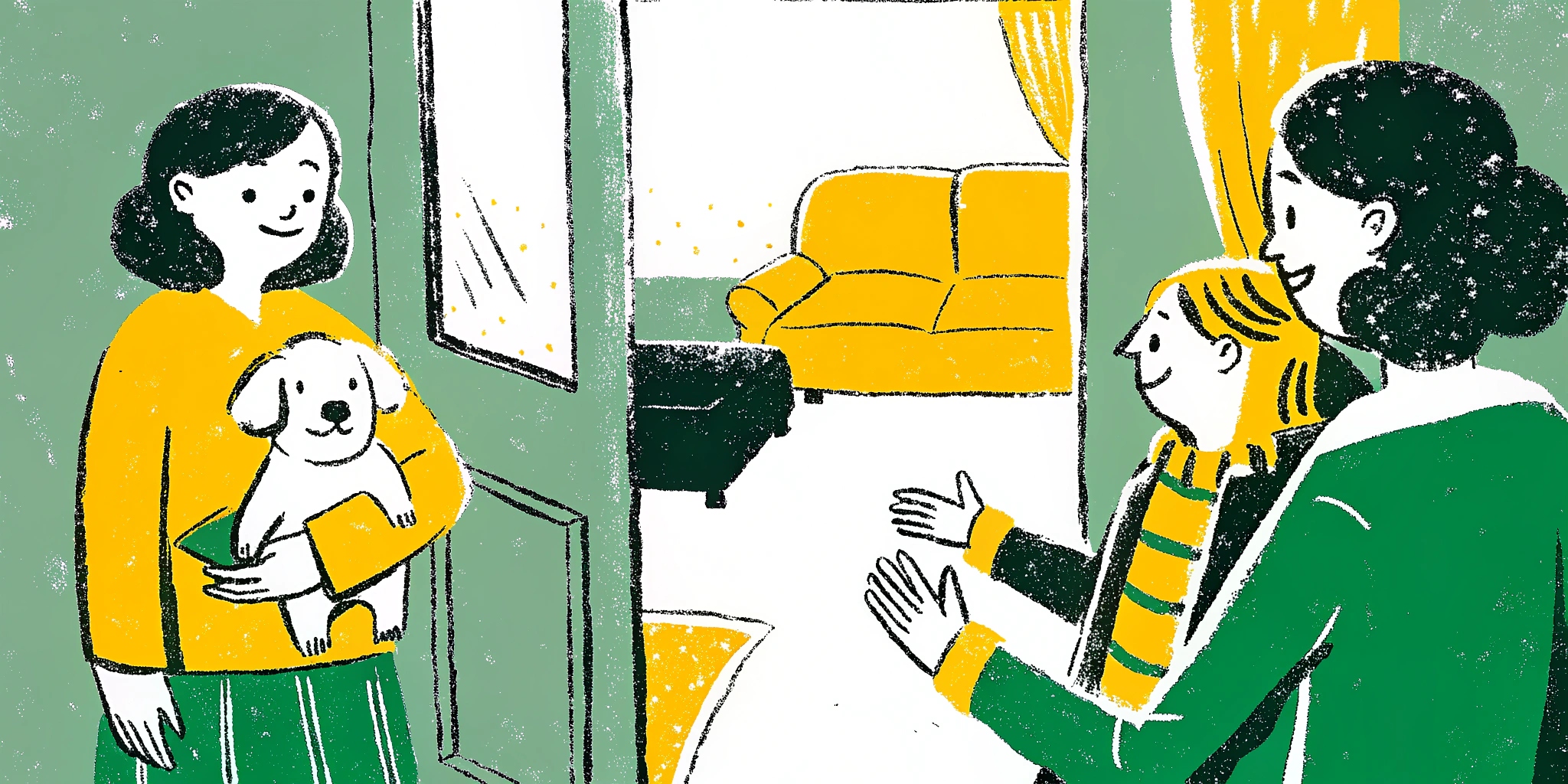 Ilustração de voluntários entregando um pet a uma nova família
